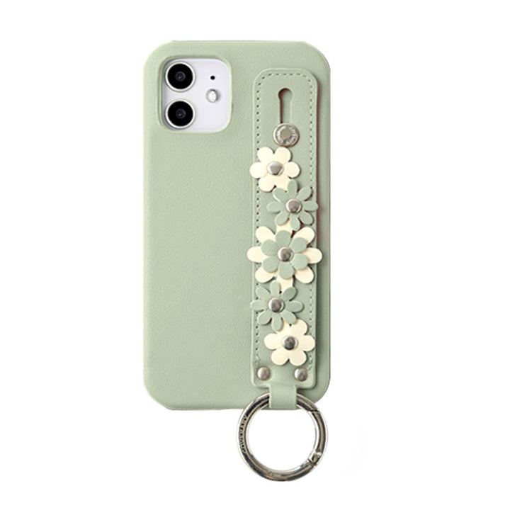 Vegan leather muted pastel flower decoration with hand belt back case AQUOS series
