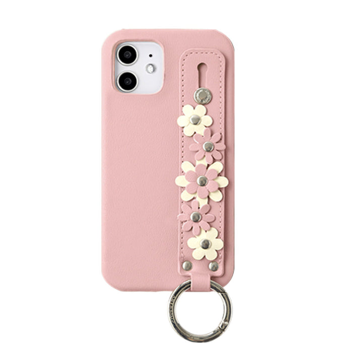 Vegan leather muted pastel flower decoration with hand belt back case AQUOS series