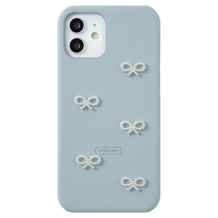Vegan leather muted pastel pearl ribbon decoration back case iPhone series