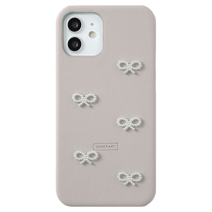 Vegan leather muted pastel pearl ribbon decoration back case iPhone series