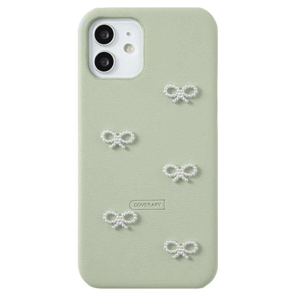 Vegan leather muted pastel pearl ribbon decoration back case iPhone series