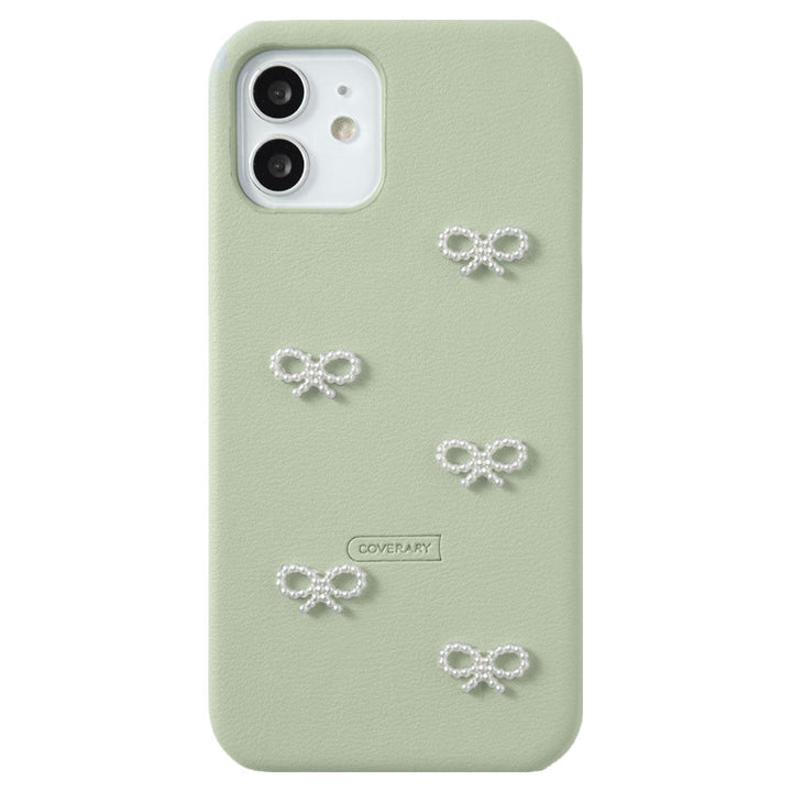 Vegan leather muted pastel pearl ribbon decoration back case iPhone series