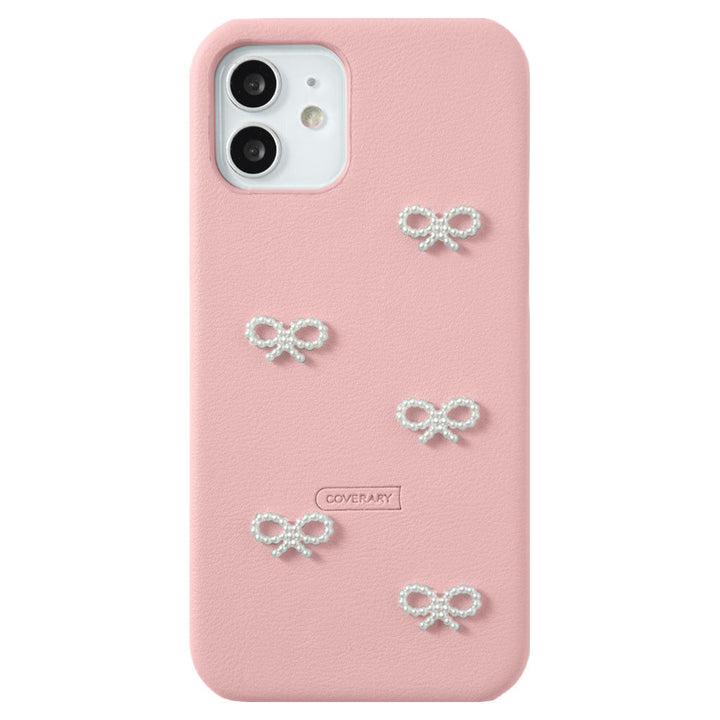 Vegan leather muted pastel pearl ribbon decoration back case iPhone series