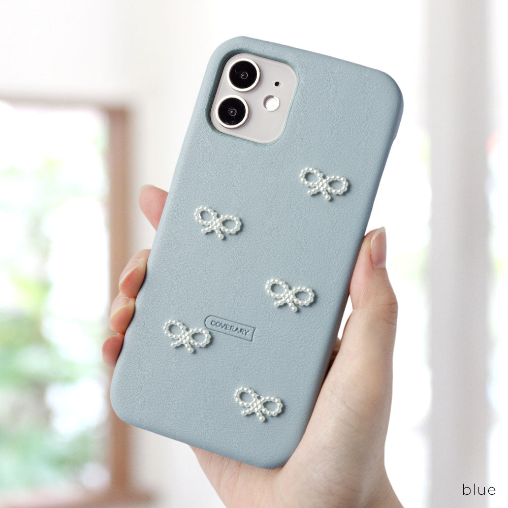 Vegan leather muted pastel pearl ribbon decoration back case iPhone series