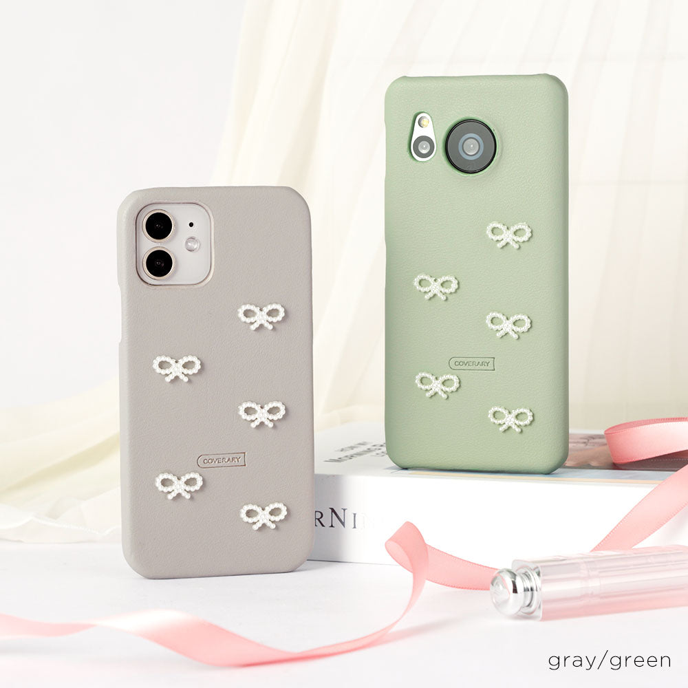 Vegan leather muted pastel pearl ribbon decoration back case iPhone series