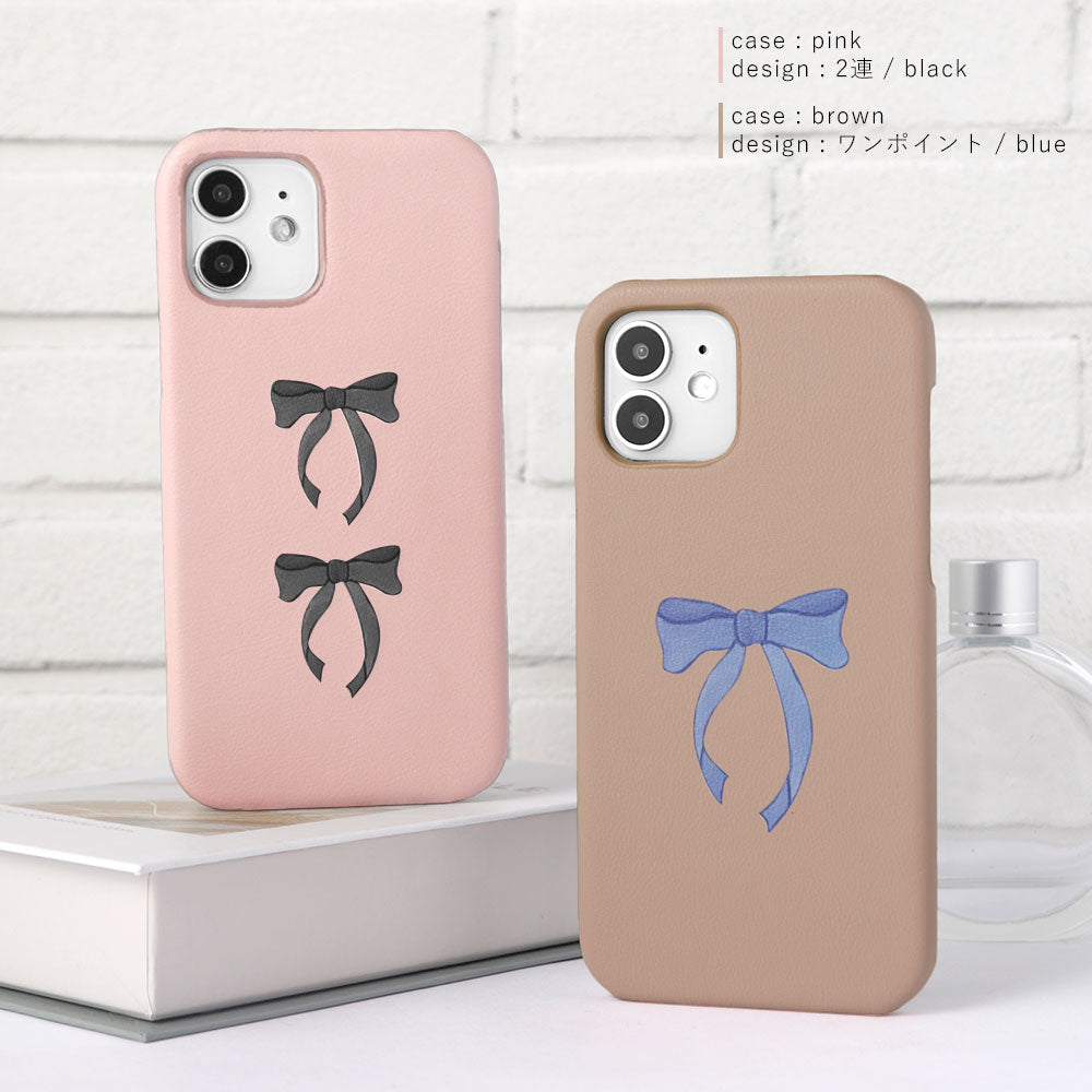 ヴィーガンレザー くすみパステル リボン柄 背面ケース