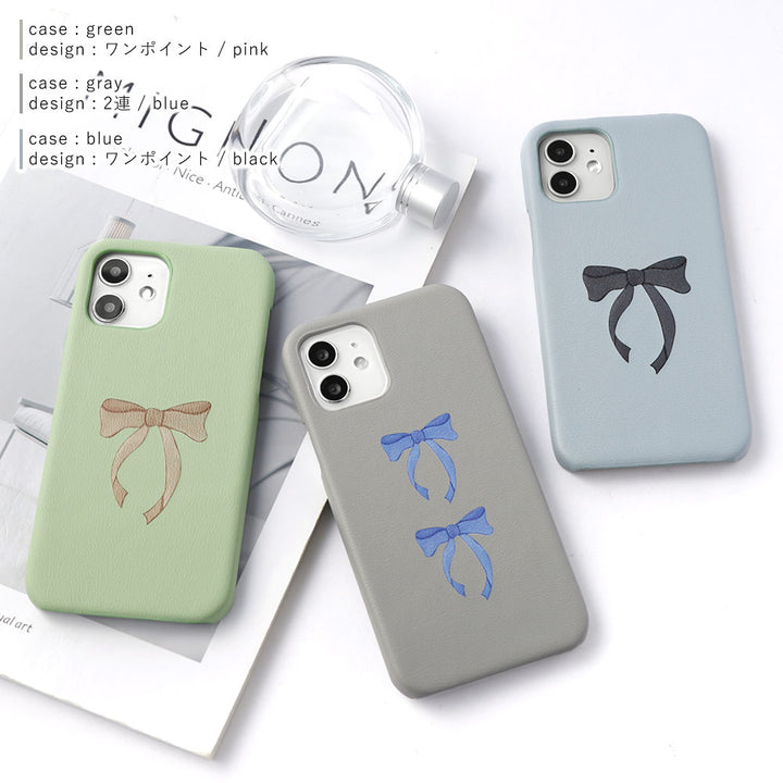 ヴィーガンレザー くすみパステル リボン柄 背面ケース