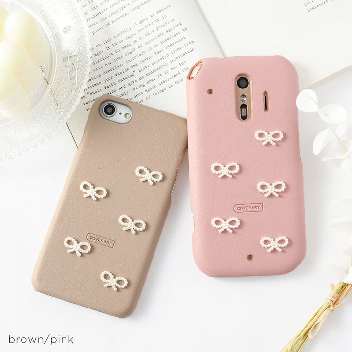 Vegan leather muted pastel pearl ribbon decoration back case iPhone series