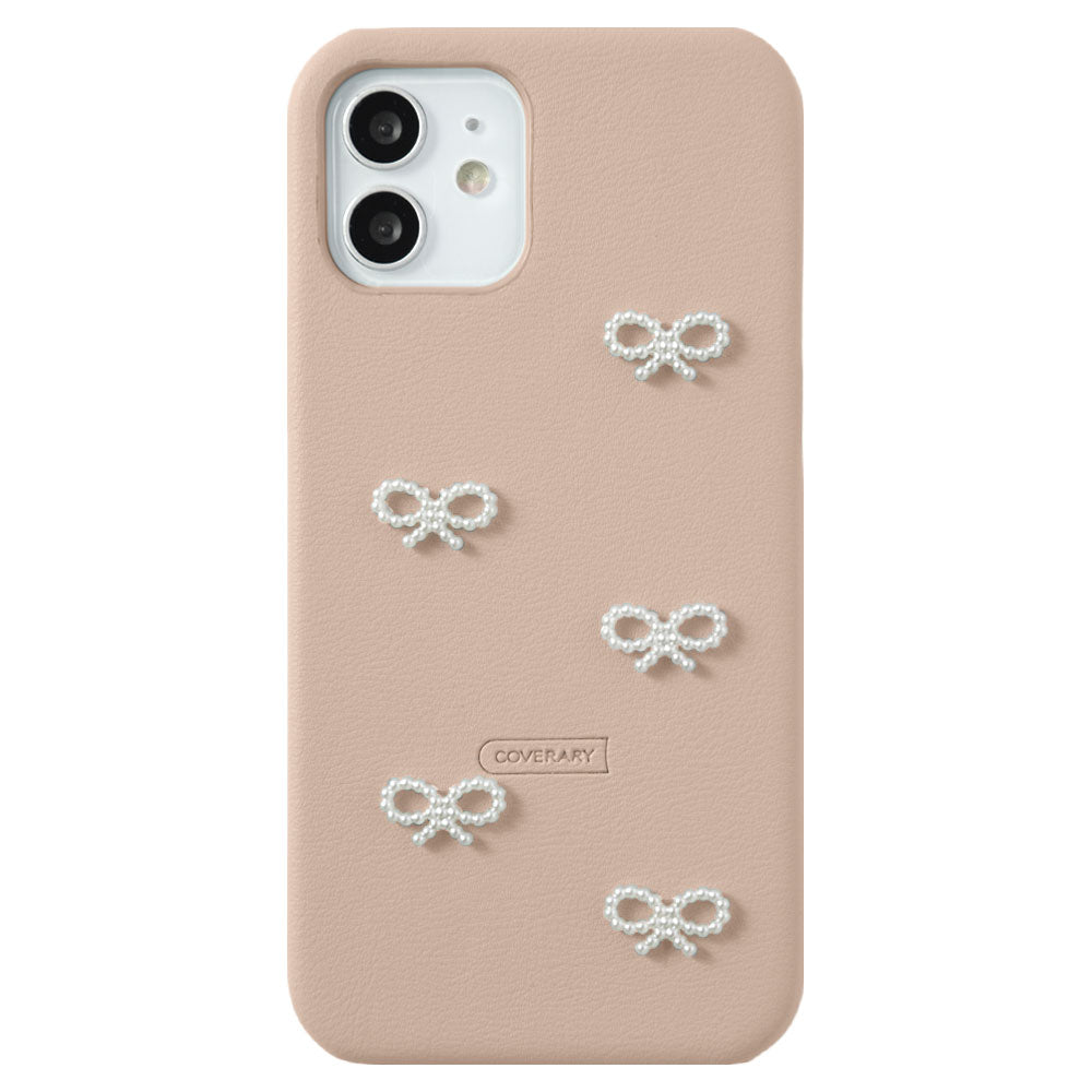 Vegan leather muted pastel pearl ribbon decoration back case iPhone series