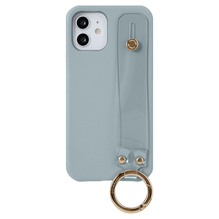 Vegan leather muted pastel clear hand belt attached back case for iPhone series
