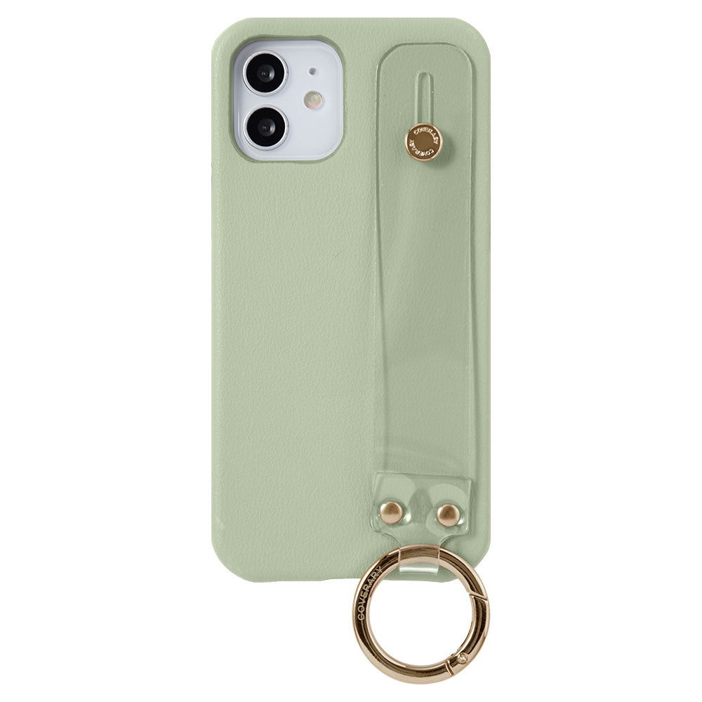 Vegan leather muted pastel clear hand belt attached back case for iPhone series