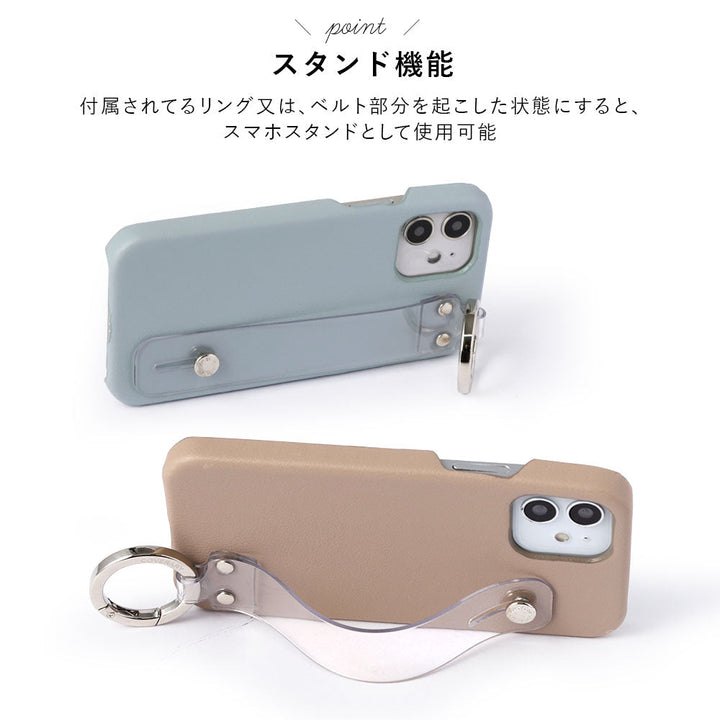Vegan leather muted pastel clear hand belt attached back case for iPhone series