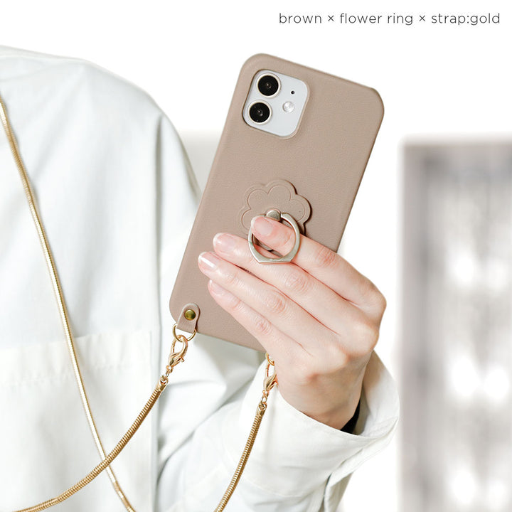 Vegan Leather Muted Pastel Smartphone Ring & Chain Shoulder Strap with Back Case
