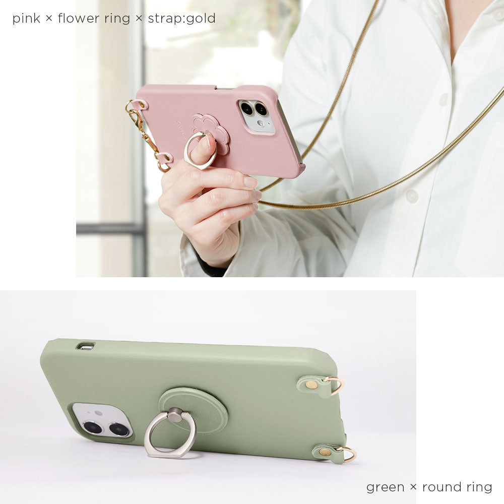 Vegan Leather Muted Pastel Smartphone Ring & Chain Shoulder Strap with Back Case