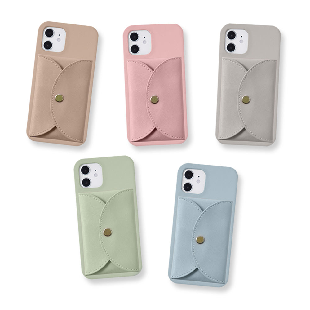 ヴィーガンレザー くすみパステル スナップボタン式ポケット付き 背面ケース