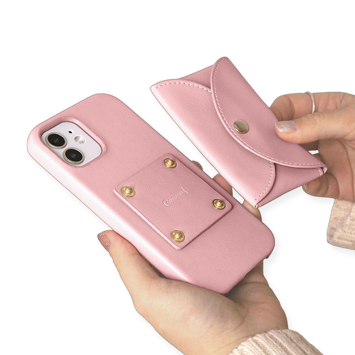 ヴィーガンレザー くすみパステル スナップボタン式ポケット付き 背面ケース