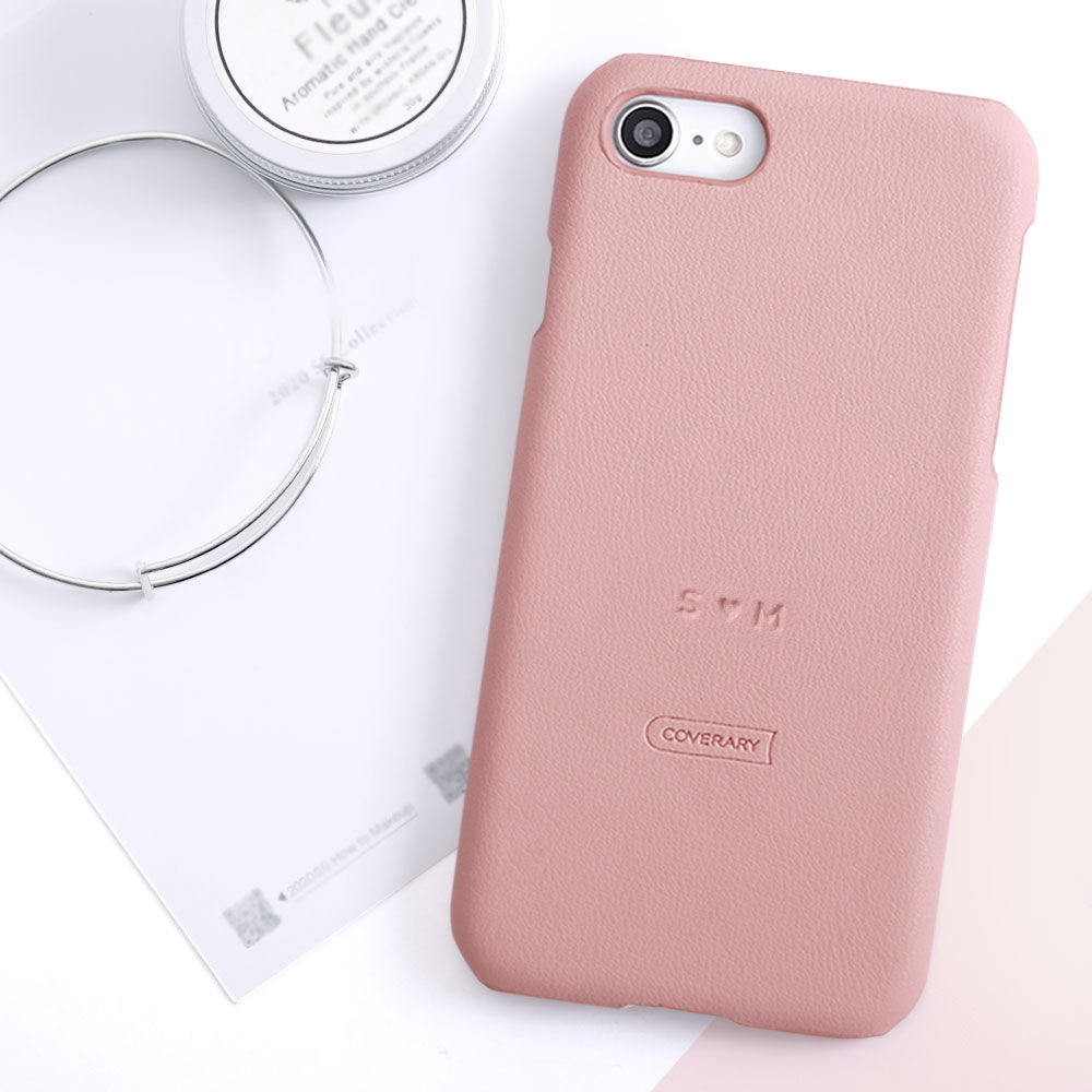 Vegan leather muted pastel back case embossed name engraving iPhone series