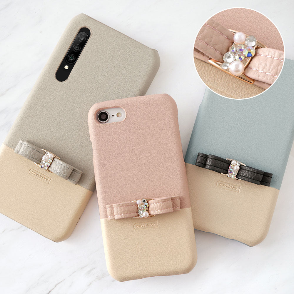 ヴィーガンレザー くすみカラー バイカラー リボン付き 背面ケース iPhoneシリーズ