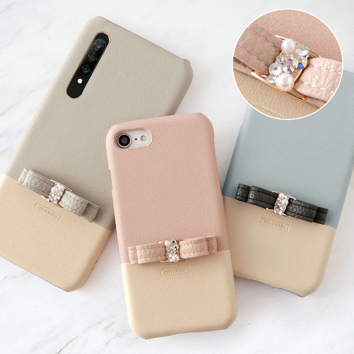 ヴィーガンレザー くすみカラー バイカラー リボン付き 背面ケース iPhoneシリーズ