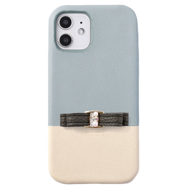 ヴィーガンレザー くすみカラー バイカラー リボン付き 背面ケース AQUOSシリーズ