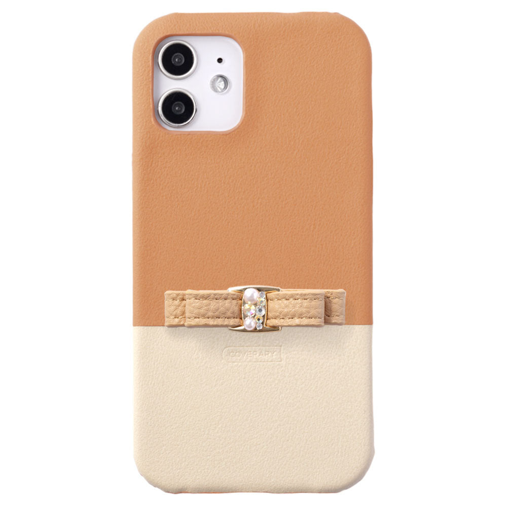 ヴィーガンレザー くすみカラー バイカラー リボン付き 背面ケース iPhoneシリーズ