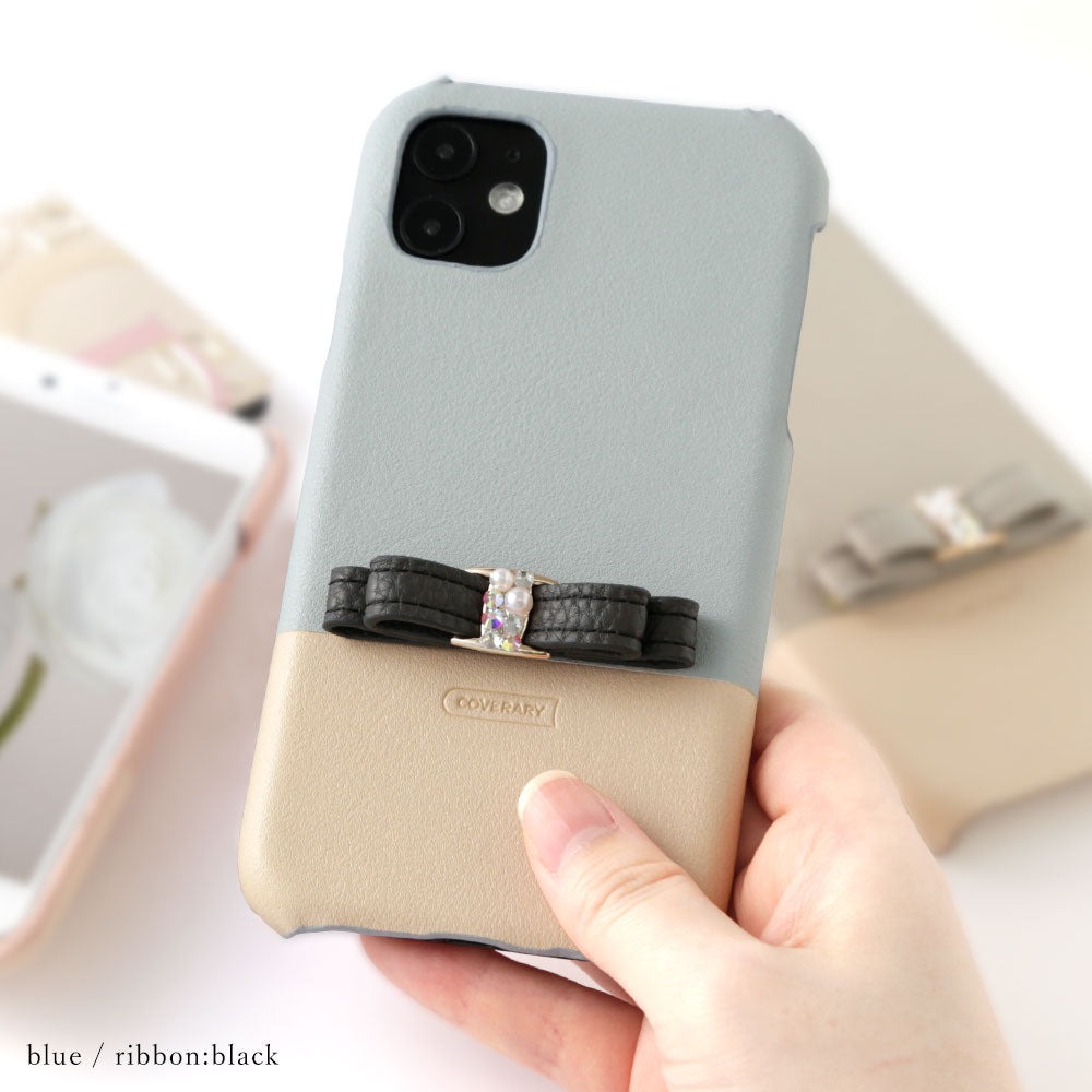 ヴィーガンレザー くすみカラー バイカラー リボン付き 背面ケース iPhoneシリーズ