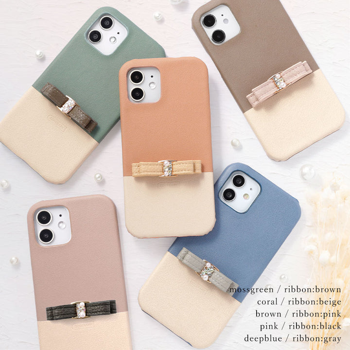 ヴィーガンレザー くすみカラー バイカラー リボン付き 背面ケース iPhoneシリーズ