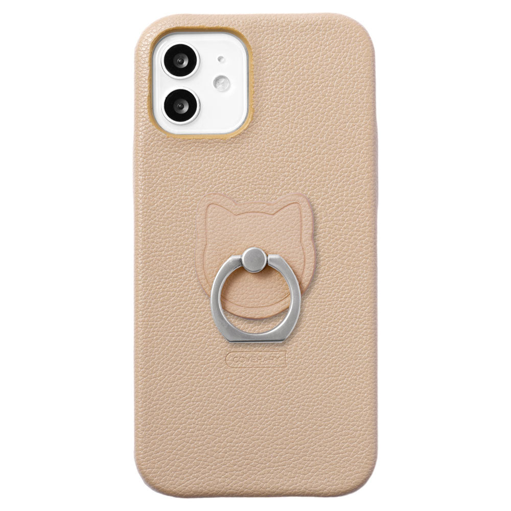 Vegan leather basic leather-style cat smartphone ring attached back case