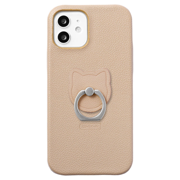 Vegan leather basic leather-style cat smartphone ring attached back case