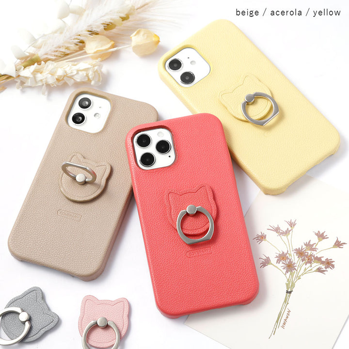 Vegan leather basic leather-style cat smartphone ring attached back case