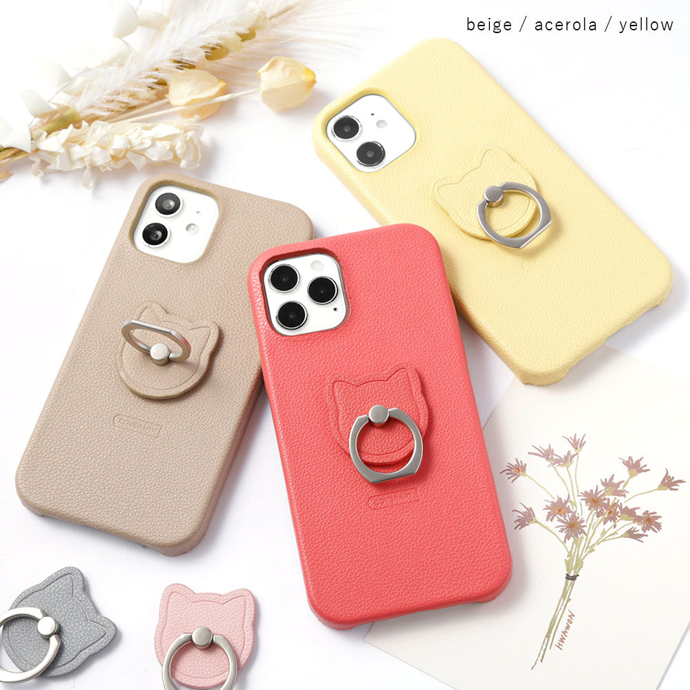 Vegan leather basic leather-style cat smartphone ring attached back case AQUOS series