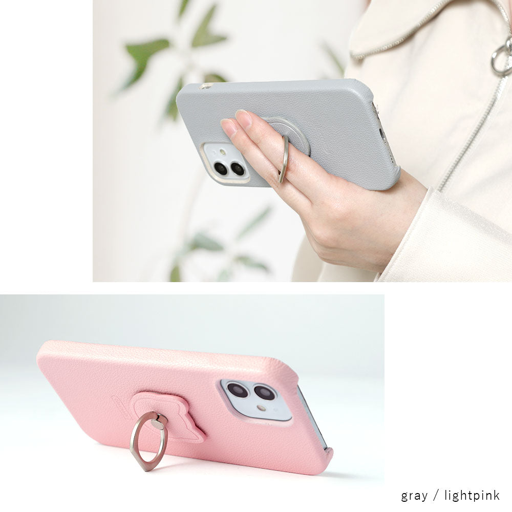 Vegan leather basic leather-style cat smartphone ring attached back case