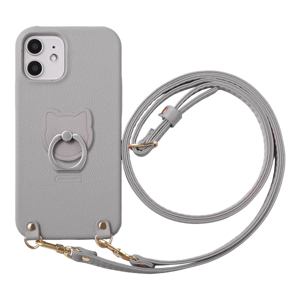 Étui arrière basique en cuir végan effet cuir avec anneau pour téléphone et sangle d'épaule motif chat