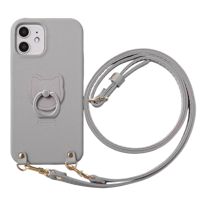 Étui arrière basique en cuir végan effet cuir avec anneau pour téléphone et sangle d'épaule motif chat