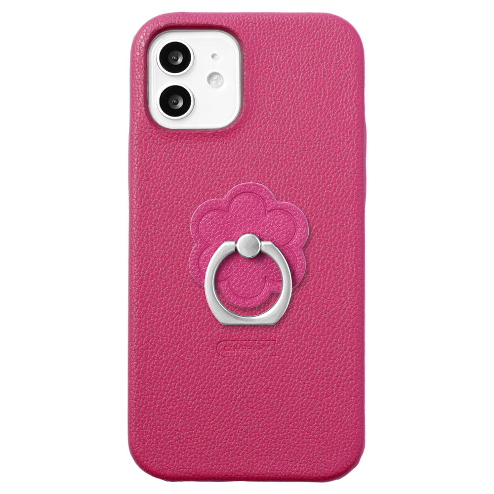 Vegan leather basic leather-style flower smartphone ring attached back case
