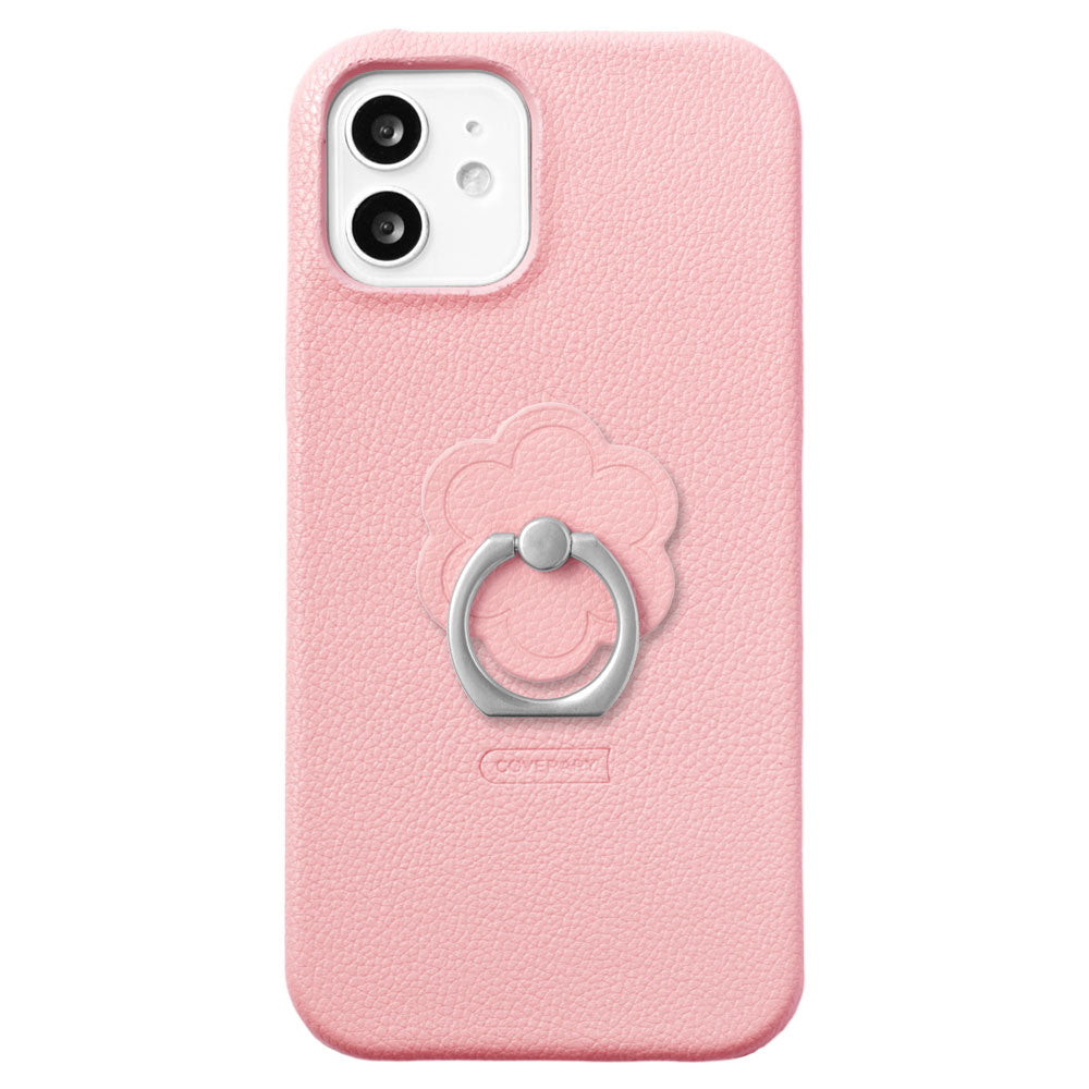 Vegan leather basic leather-style flower smartphone ring attached back case