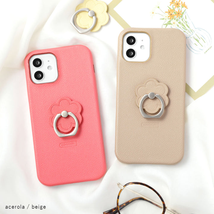 Vegan leather basic leather-style flower smartphone ring attached back case