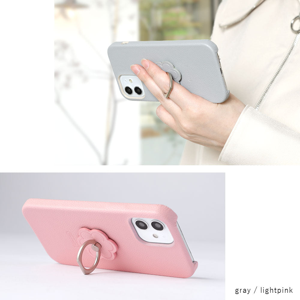 Vegan leather basic leather-style flower smartphone ring attached back case