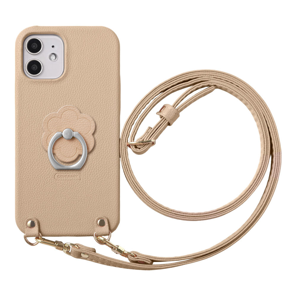 ヴィーガンレザー ベーシック レザー調 フラワー スマホリング＆ショルダーストラップ付き 背面ケース Google Pixelシリーズ