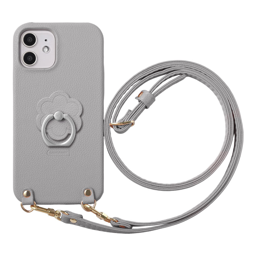 ヴィーガンレザー ベーシック レザー調 フラワー スマホリング＆ショルダーストラップ付き 背面ケース Xperiaシリーズ