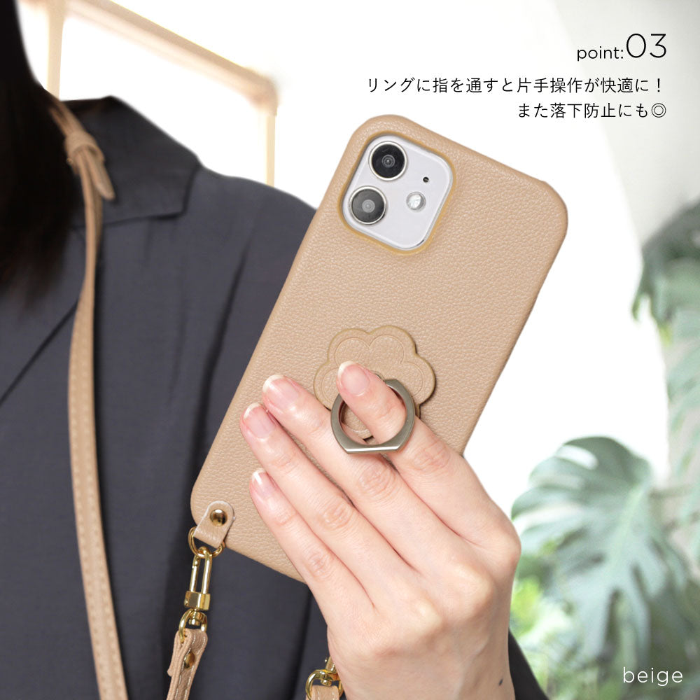 ヴィーガンレザー ベーシック レザー調 フラワー スマホリング＆ショルダーストラップ付き 背面ケース Google Pixelシリーズ