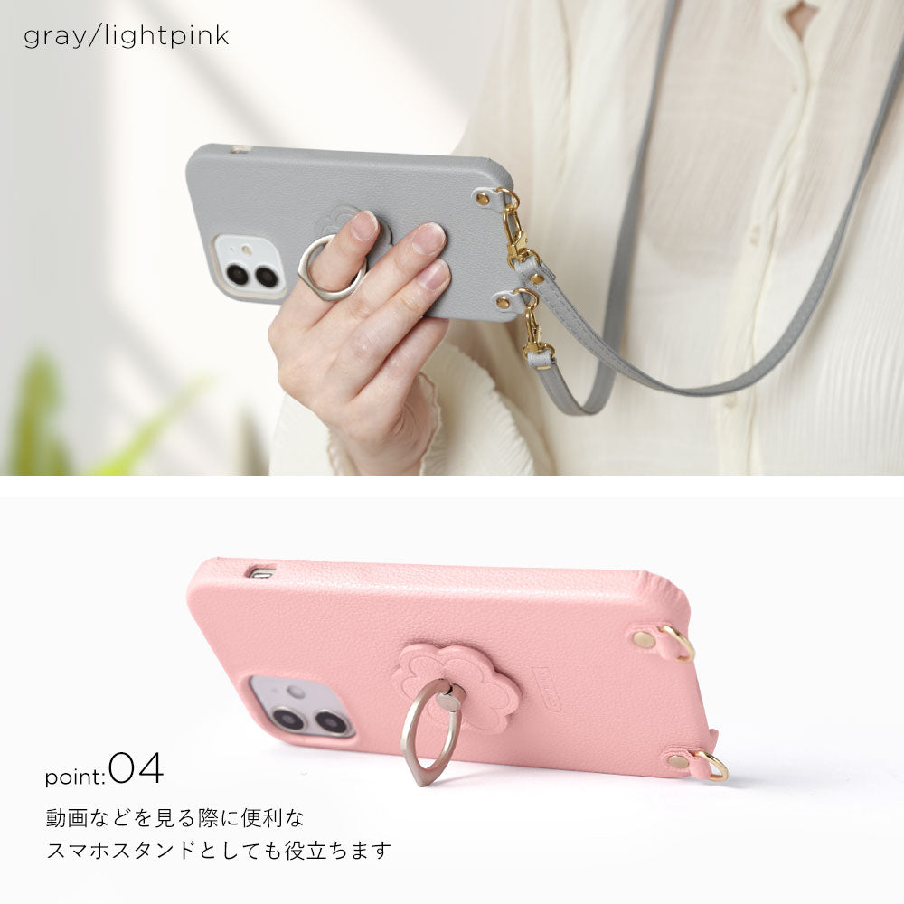 ヴィーガンレザー ベーシック レザー調 フラワー スマホリング＆ショルダーストラップ付き 背面ケース iPhoneシリーズ