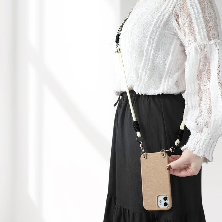 Vegan leather basic leather-style case with colorful shoulder strap on the back