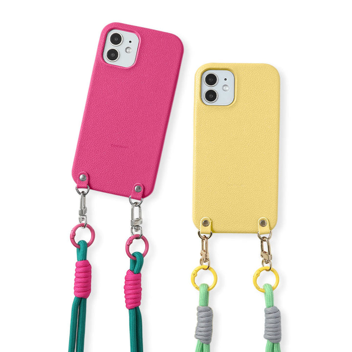 Vegan leather basic leather-style case with colorful shoulder strap on the back