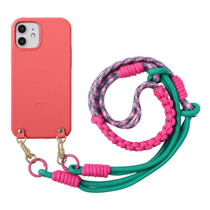 Vegan leather basic leather-style case with colorful shoulder strap on the back