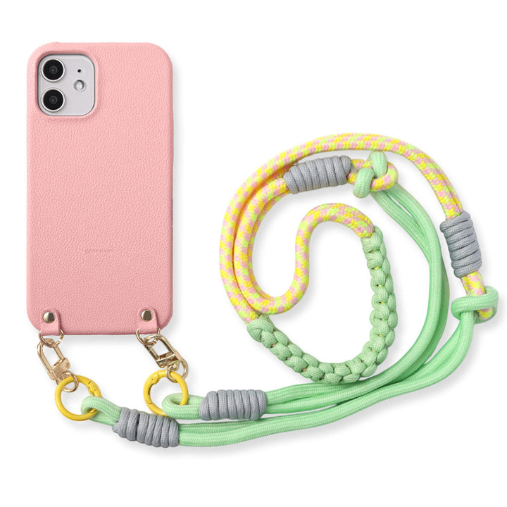 Vegan leather basic leather-style case with colorful shoulder strap on the back