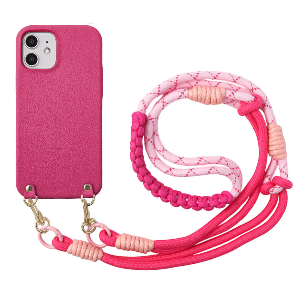Vegan leather basic leather-style case with colorful shoulder strap on the back
