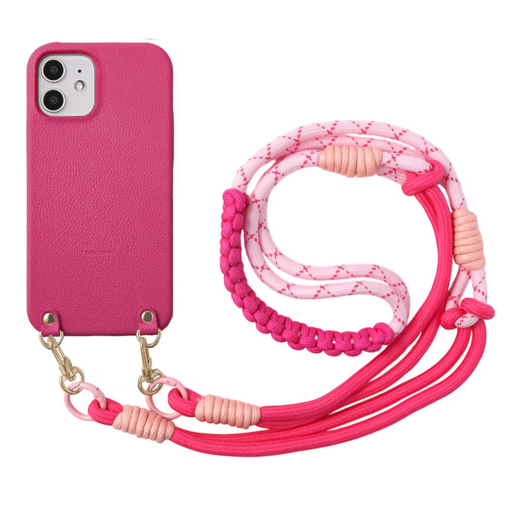 Vegan leather basic leather-style case with colorful shoulder strap on the back