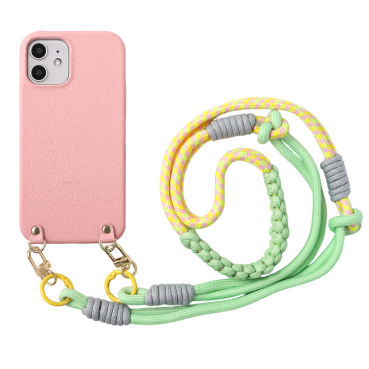 Vegan leather basic leather-style case with colorful shoulder strap on the back