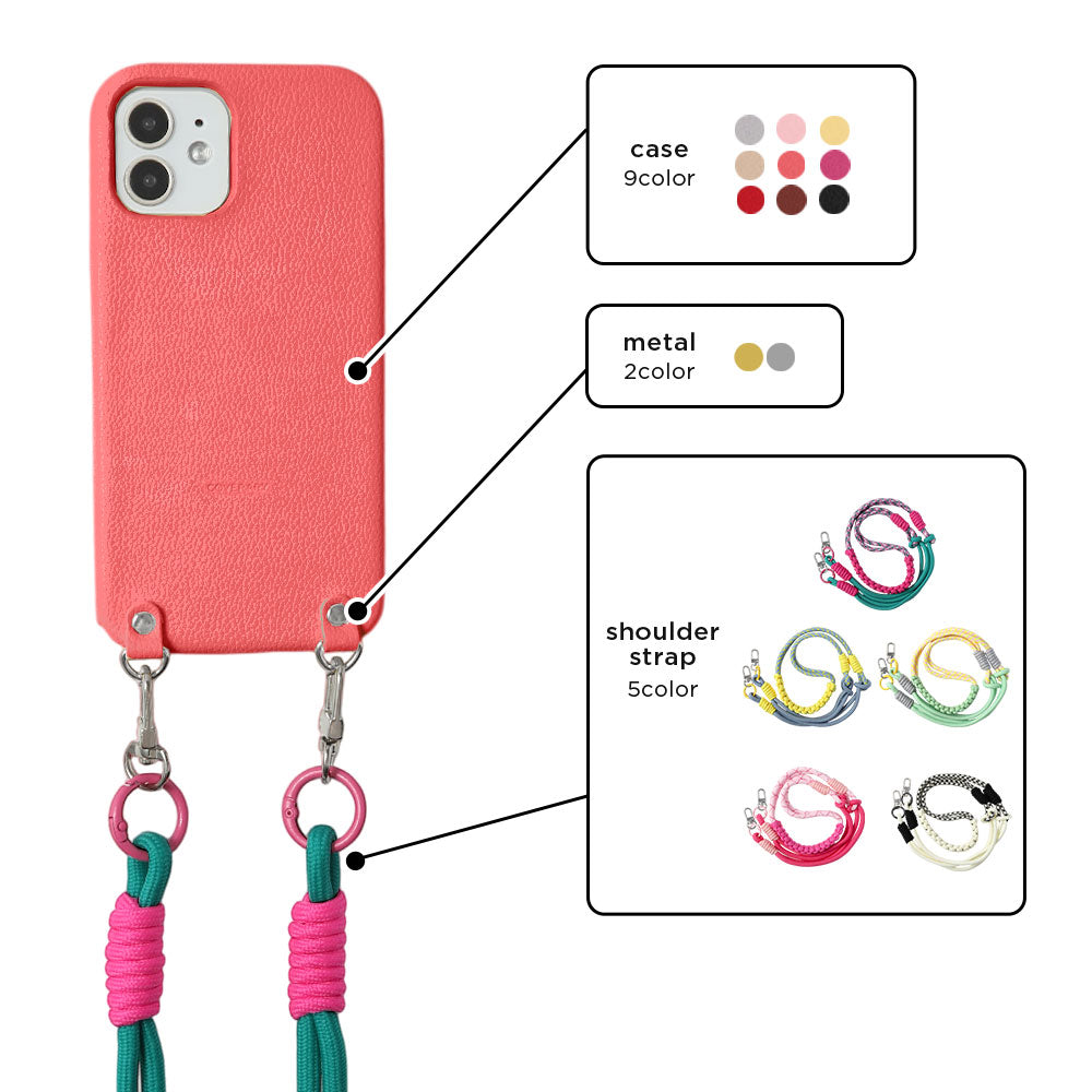 Vegan leather basic leather-style case with colorful shoulder strap on the back